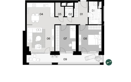 DOWNTOWN YARDS, príjemný 3i byt s veľkým exteriérom, orientovaný do VNÚTROBLOKU v objekte A, NOVOSTAVBA, 92,23m2